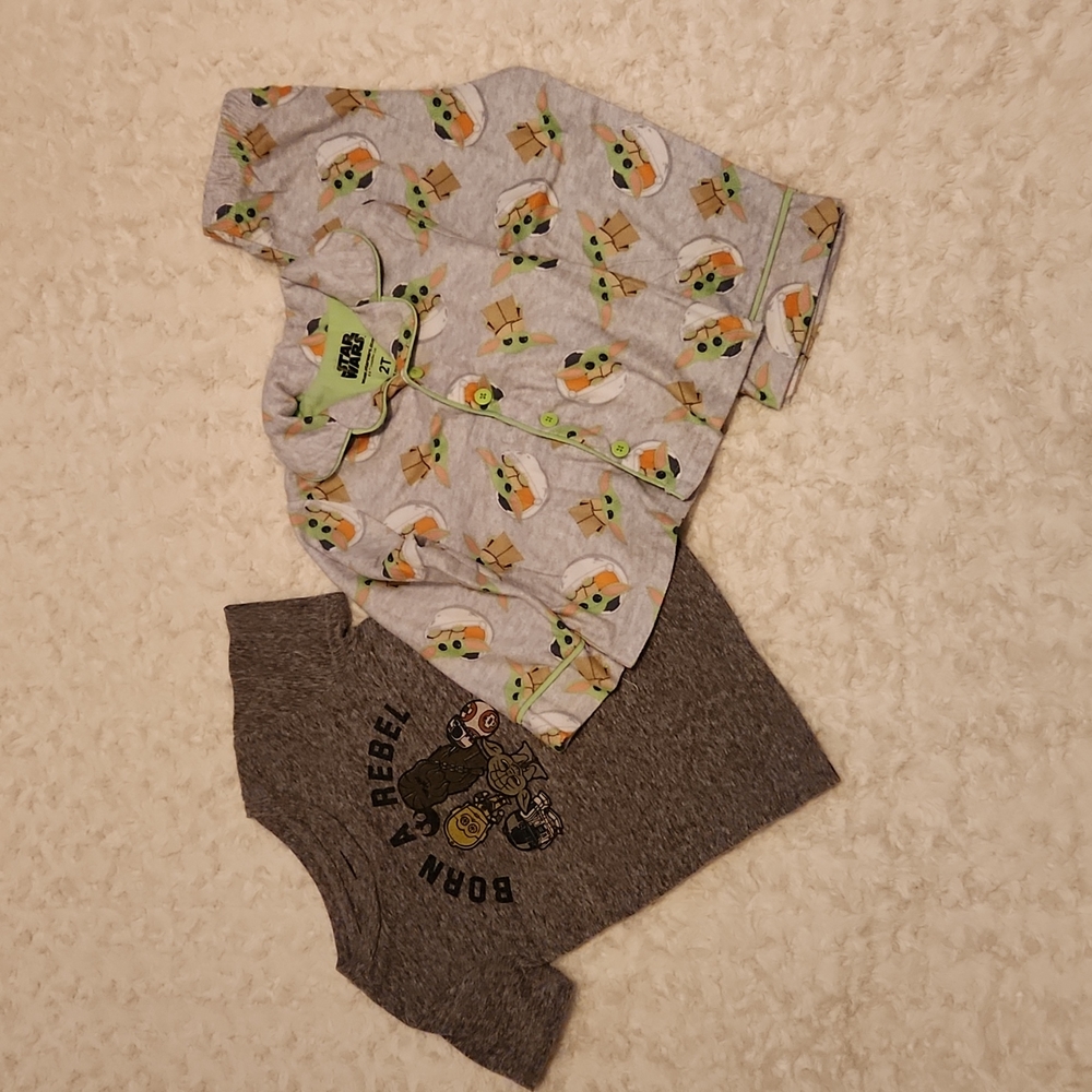 Star Wars 2T Toddler Boy Baby Yoda Pajamas & Short Sleeve "Born A Rebel" Shirt